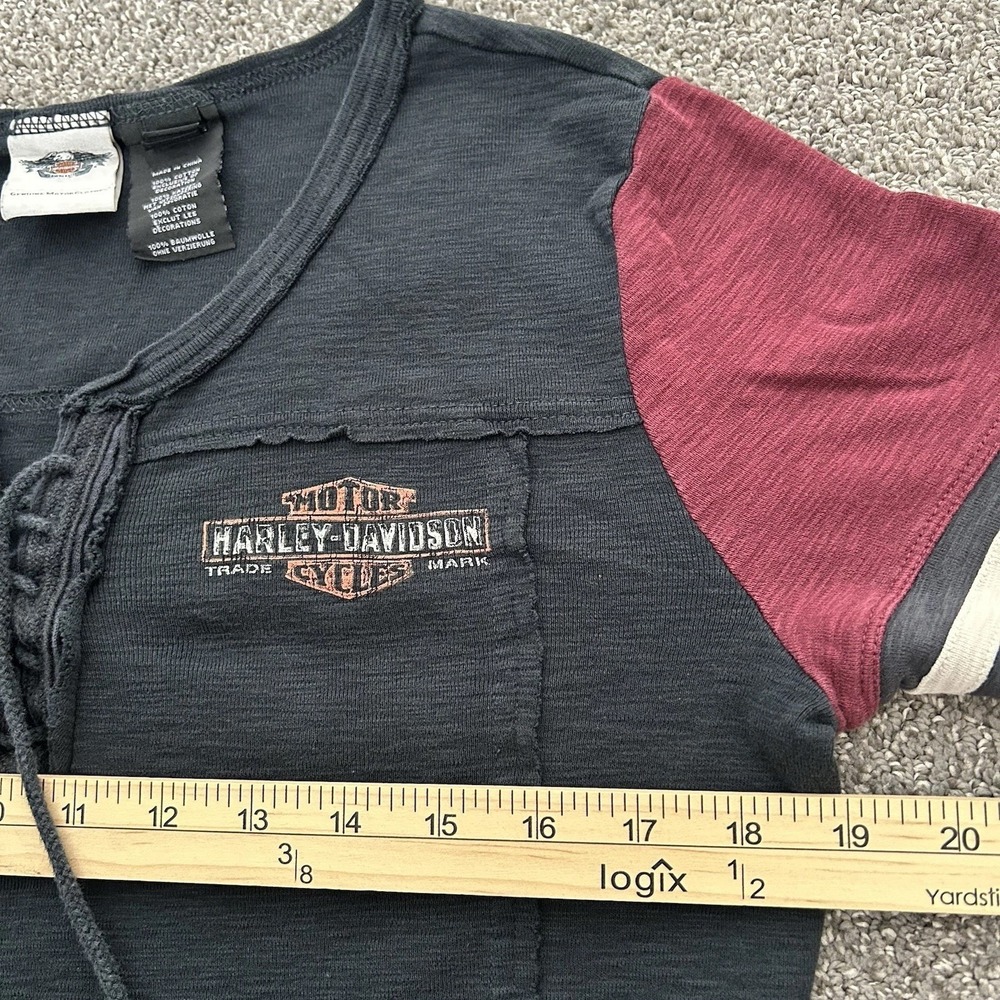 Harley-Davidson Women's Lace-Up Knit Logo Top Black Burgundy Scoop Neck LARGE - Picture 8 of 10